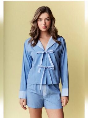 NWT Rareraw Light Blue Two-Piece Tie-Front Lounge Wear Set with White Trim Large